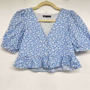 Zara Blue White Ditsy Floral Puff Sleeve Button Down Crop Top Blouse S Ruffled